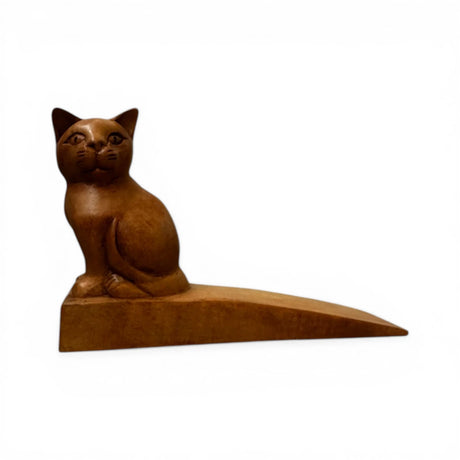 Handcrafted wooden sitting cat door stop featuring a beautifully carved feline with a rich natural wood finish. This decorative door wedge combines practical functionality with timeless charm, making it ideal for modern, rustic, farmhouse, or animal-inspired home décor.