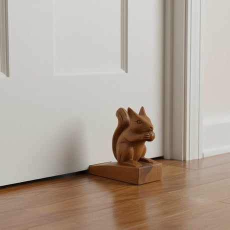Handcrafted wooden squirrel door stop featuring a charming squirrel holding an acorn, finished in rich natural wood tones. This decorative door wedge combines functionality with whimsical style, making it perfect for modern, rustic, woodland, or farmhouse home décor.