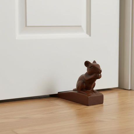 Handcrafted wooden squirrel door stop featuring a charming squirrel holding an acorn, finished in rich natural wood tones. This decorative door wedge combines functionality with whimsical style, making it perfect for modern, rustic, woodland, or farmhouse home décor.