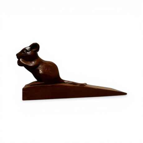 Handcrafted wooden squirrel door stop featuring a charming squirrel holding an acorn, finished in rich natural wood tones. This decorative door wedge combines functionality with whimsical style, making it perfect for modern, rustic, woodland, or farmhouse home décor.