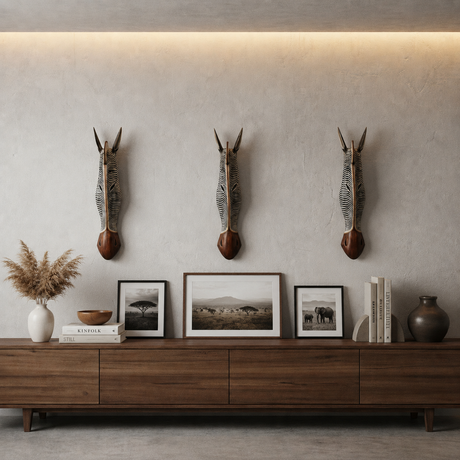 Handcrafted zebra wall head décor featuring a natural wood face, black and white striped detailing, and upright ears. A striking African-inspired wall sculpture for modern, safari, rustic, or contemporary interiors.
