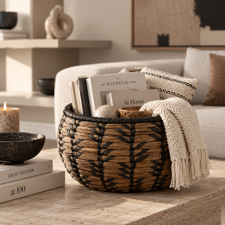 A round woven basket with black geometric accents sits on a stone table in a styled living room, holding books, a knit pillow, and a cream throw blanket.