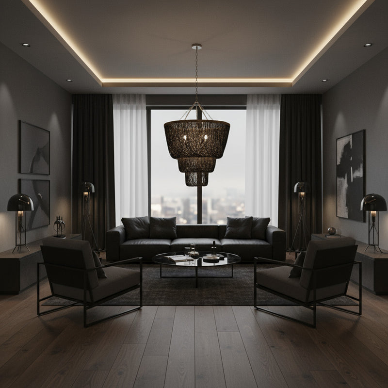 Handwoven black rattan tiered pendant light featuring a sculptural layered design and warm ambient illumination. This statement ceiling light adds texture, elegance, and contemporary style to modern, industrial, Scandinavian, luxury, and minimalist interiors.