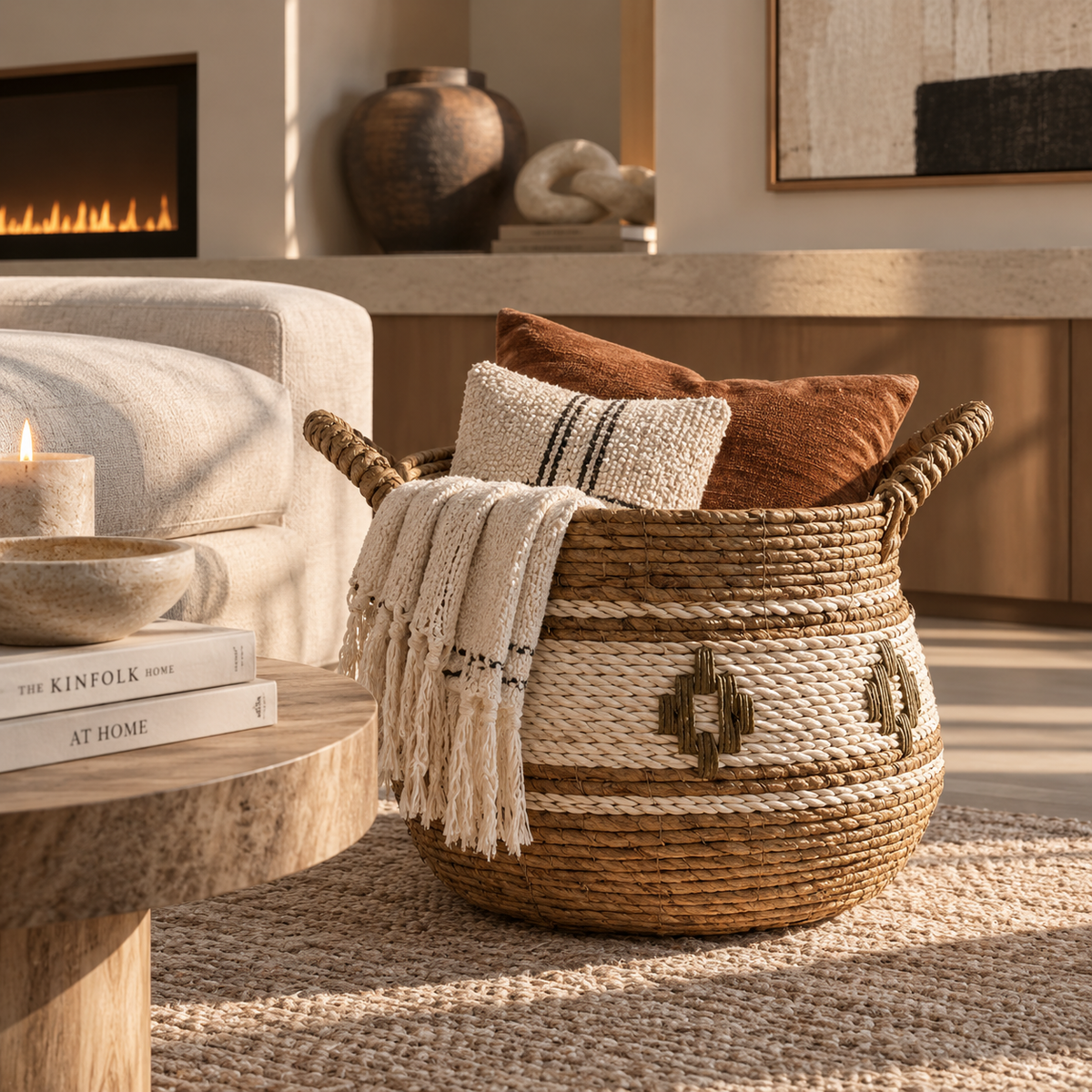 A woven basket storage bin with rope handles and geometric woven details, styled in a warm living room with throw pillows, a cream throw blanket, and a rug.