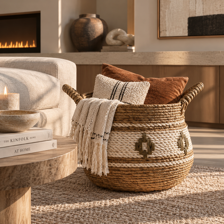 A woven basket storage bin with rope handles and geometric woven details, styled in a warm living room with throw pillows, a cream throw blanket, and a rug.