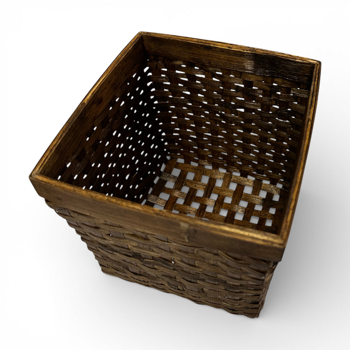 Handwoven dark rattan storage basket with a square open-top design and rich espresso finish, ideal for organizing household essentials, shelving, bathrooms, offices, or decorative storage.