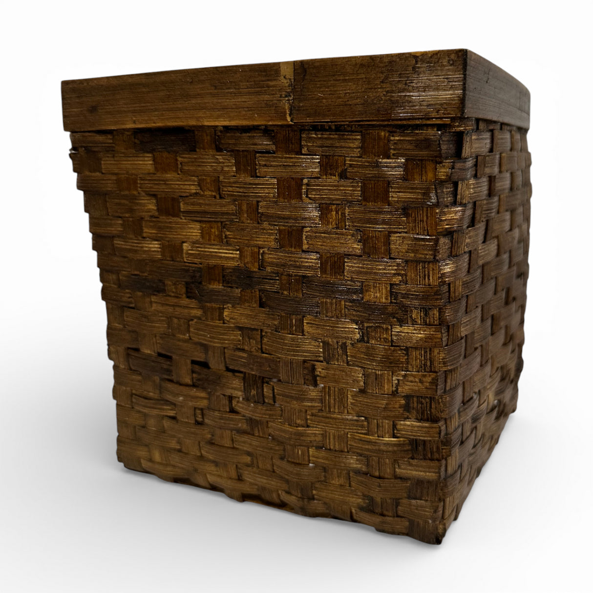 Handwoven dark rattan storage basket with a tapered square design, rich espresso finish, and sturdy wooden rim, ideal for organizing household essentials, shelving, bathrooms, offices, or decorative storage.