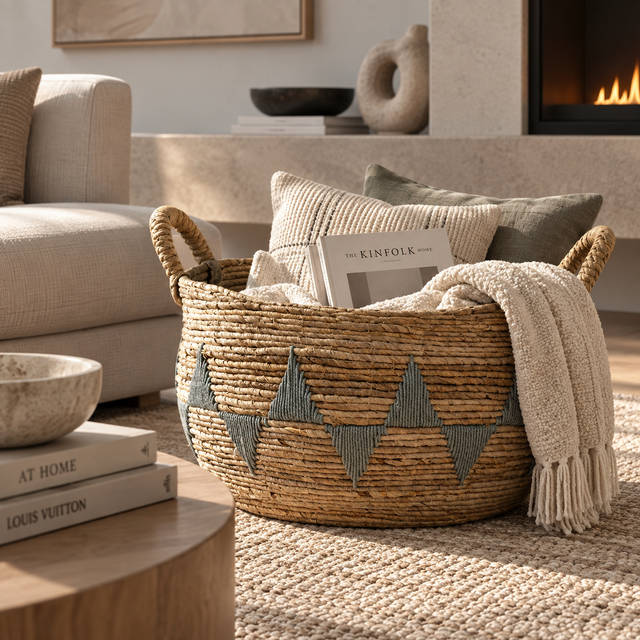A round woven natural-fiber basket with gray geometric triangle accents, styled in a cozy living room with pillows, a cream throw blanket, and a magazine.
