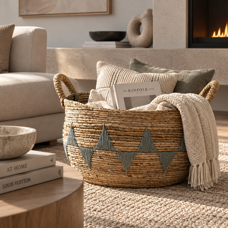 A round woven natural-fiber basket with gray geometric triangle accents, styled in a cozy living room with pillows, a cream throw blanket, and a magazine.