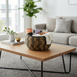 Handwoven natural and black storage basket with a bold geometric woven pattern, styled with magazines and a soft knitted throw on a contemporary coffee table, offering stylish storage while adding organic texture and modern artisanal charm to living spaces.