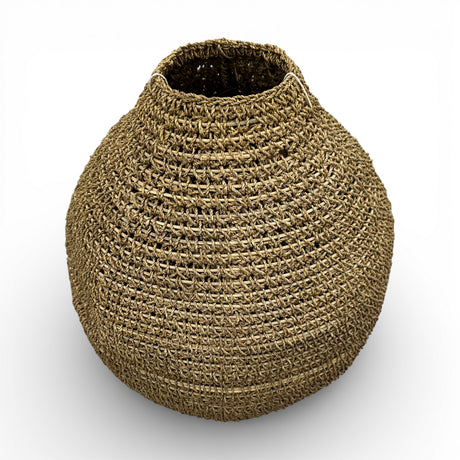 Handwoven natural decorative vase with a rounded sculptural silhouette, narrow neck, and richly textured woven finish, perfect for displaying dried botanicals or adding warm organic texture and artisanal charm to contemporary, coastal, or rustic interiors.