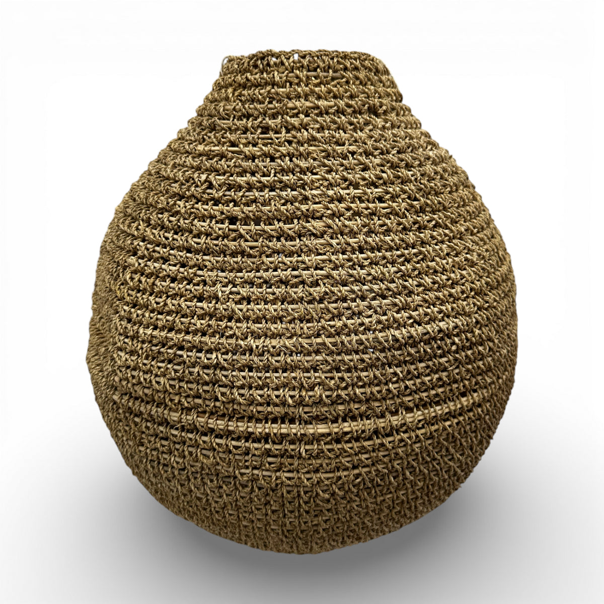 Handwoven natural decorative vase with a rounded teardrop silhouette, narrow neck, and richly textured woven finish, perfect for displaying dried botanicals or adding warm organic texture and artisanal elegance to contemporary, coastal, or rustic interiors.