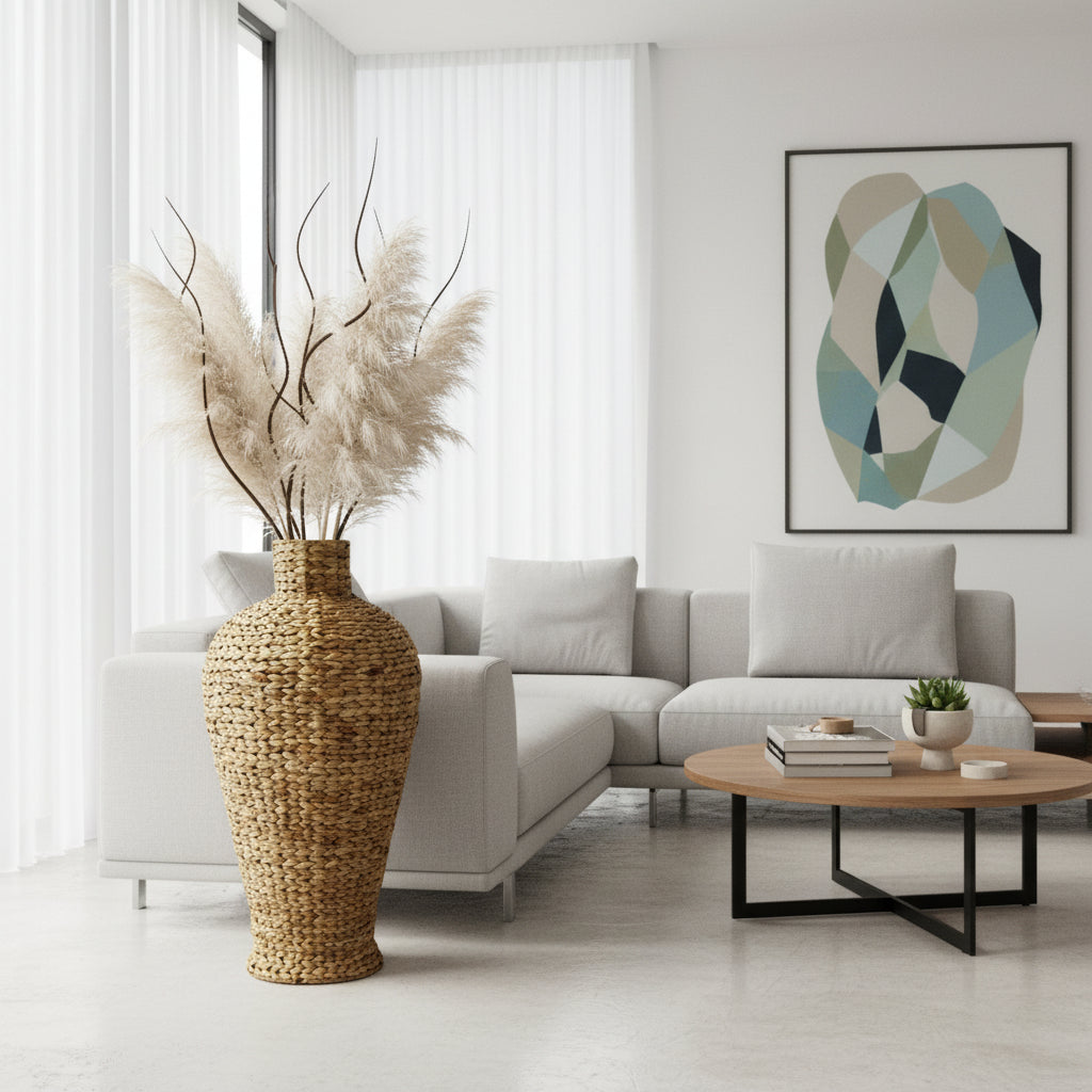 Handwoven natural floor vase with a sculptural tapered silhouette and warm woven texture, styled with pampas grass and decorative branches to create an elegant organic focal point in contemporary living spaces.