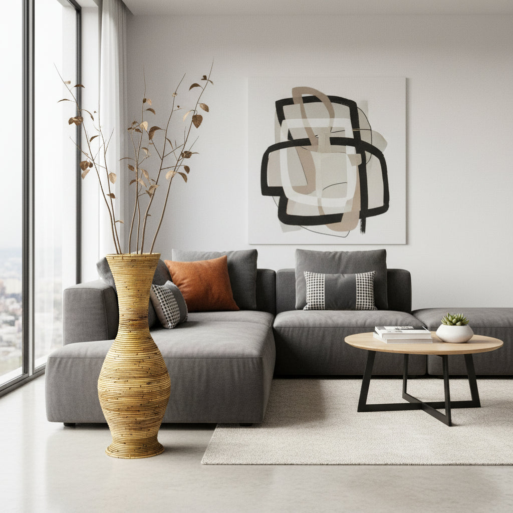 Handwoven natural floor vase with a tall sculptural silhouette and warm woven texture, styled with decorative branches beside a contemporary sofa, adding organic elegance, natural warmth, and artisanal character to modern, coastal, and rustic interiors.