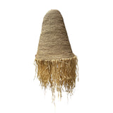 Handwoven natural pendant light featuring a tapered woven shade with decorative raffia fringe, bringing warm organic texture and relaxed bohemian style to dining rooms, living spaces, bedrooms, or covered outdoor areas.
