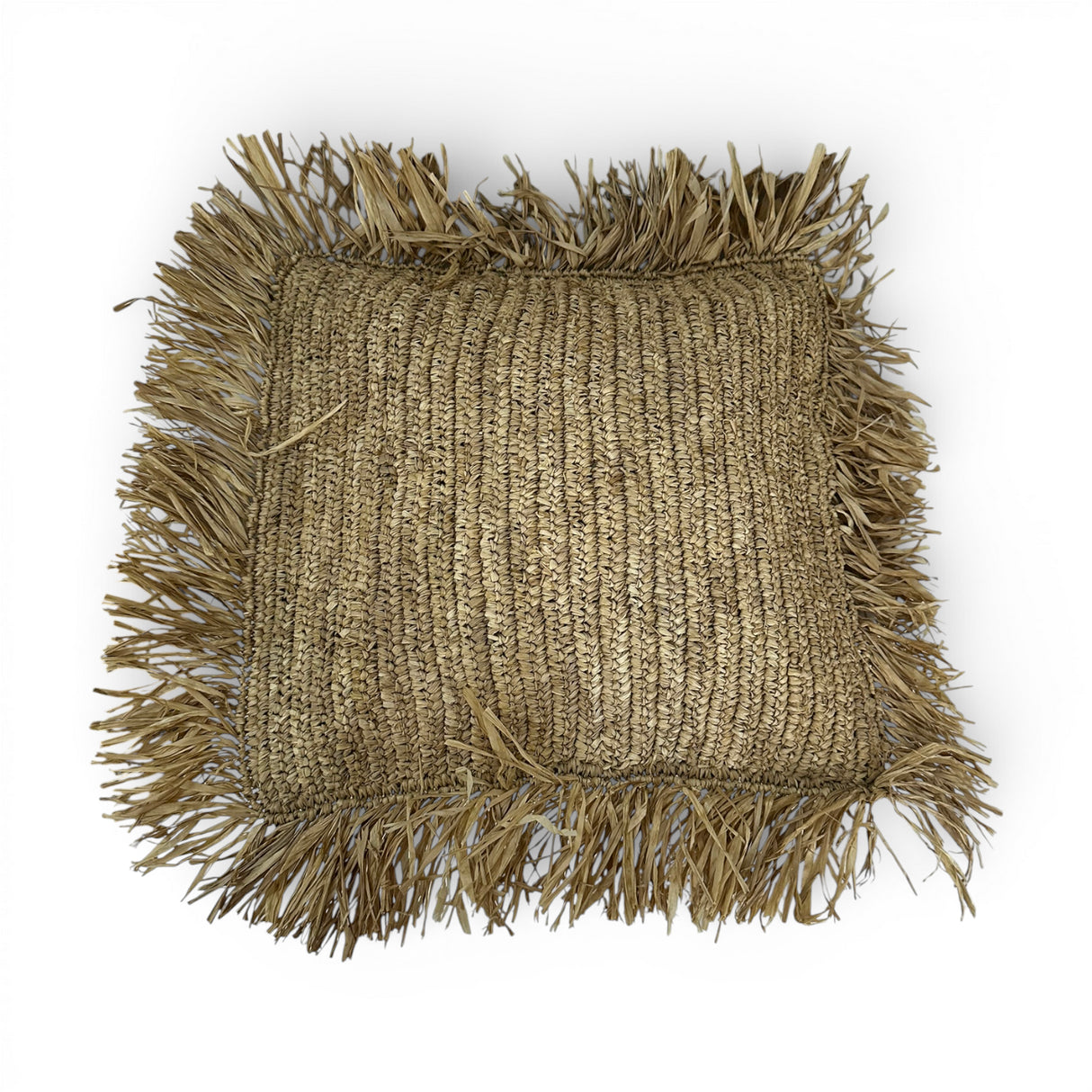 Handwoven natural scatter cushion with a richly textured woven finish and decorative raffia fringe on all four sides, perfect for adding warm organic texture, relaxed coastal style, and artisanal charm to sofas, beds, or occasional chairs.