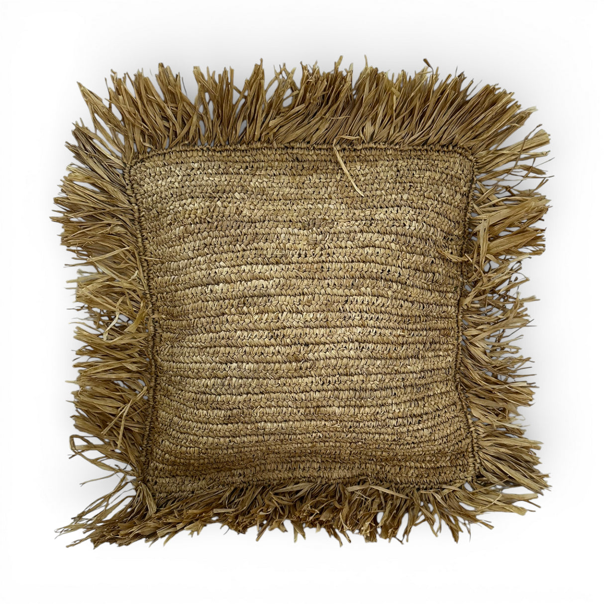 Handwoven natural scatter cushion with a richly textured woven finish and decorative raffia fringe on all four sides, perfect for adding warm organic texture, relaxed coastal style, and artisanal charm to sofas, beds, or occasional chairs.