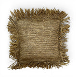 Handwoven natural scatter cushion with a richly textured woven finish and decorative raffia fringe on all four sides, perfect for adding warm organic texture, relaxed coastal style, and artisanal charm to sofas, beds, or occasional chairs.