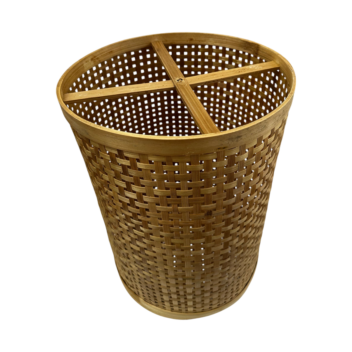 Handwoven natural rattan umbrella stand with a tapered woven design and reinforced cross base, offering stylish storage for umbrellas, walking sticks, or decorative branches in entryways and living spaces.