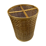 Handwoven natural rattan umbrella stand with a tapered woven design and reinforced cross base, offering stylish storage for umbrellas, walking sticks, or decorative branches in entryways and living spaces.