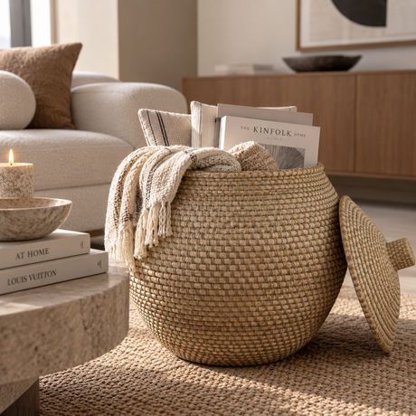 A round woven natural-fiber storage basket with its lid leaning against it, styled in a bright living room with a throw blanket, books, and a sofa in the background.