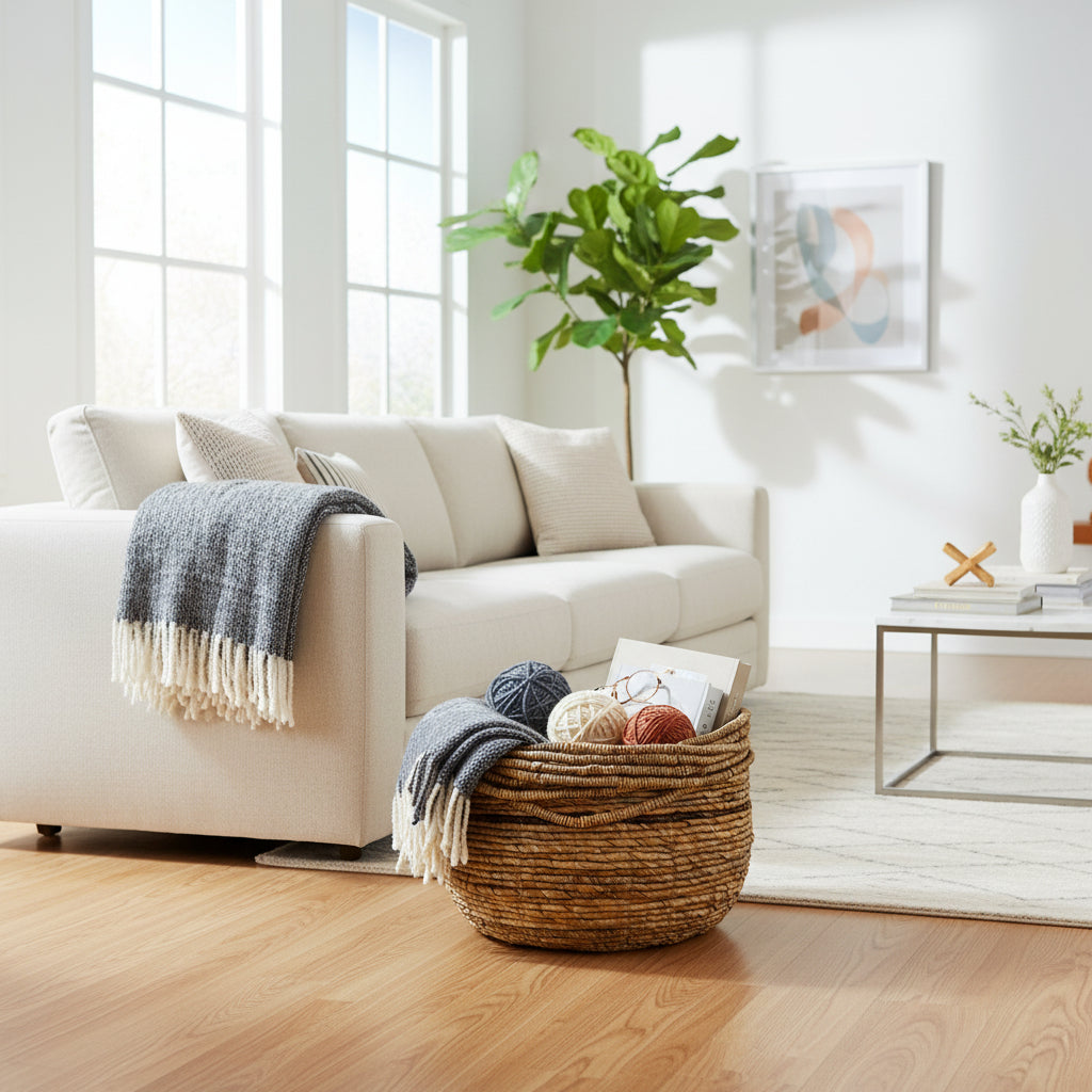 Handwoven natural storage basket with integrated carry handles, styled with blankets, yarn, and magazines beside a contemporary sofa, offering a stylish and practical storage solution while adding warm organic texture to modern, coastal, and rustic interiors.