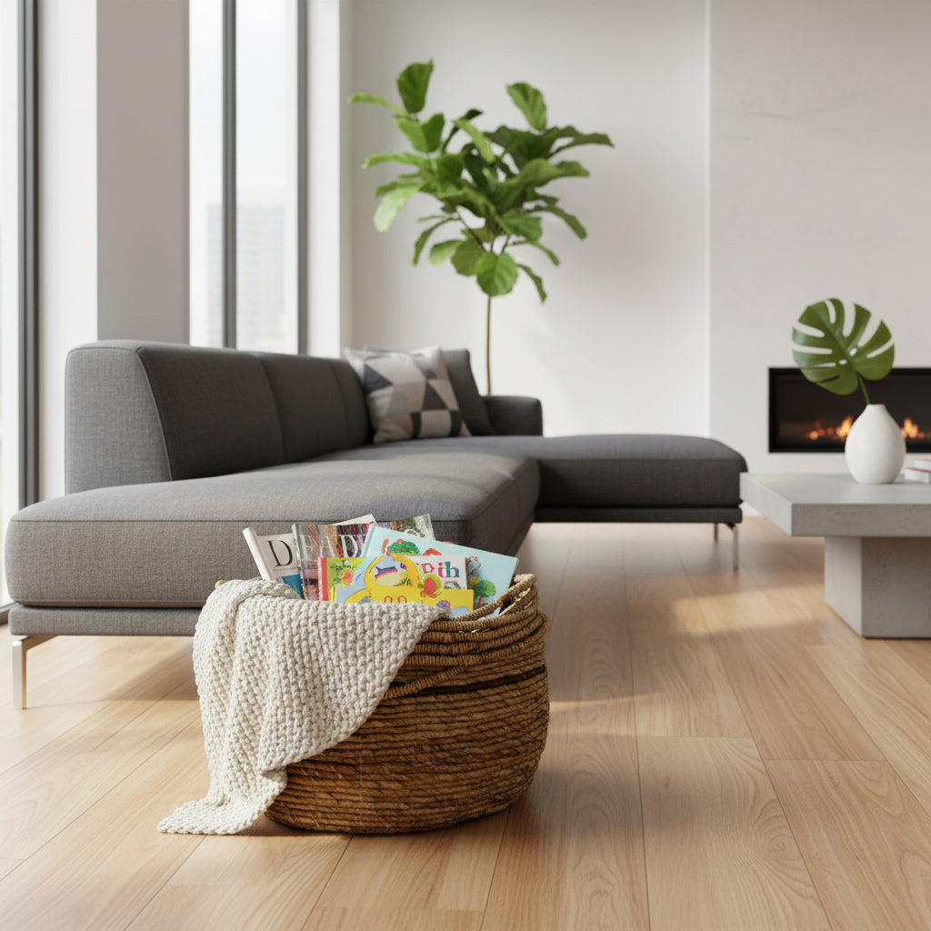 Handwoven natural storage basket with integrated carry handles, styled with children's books and a soft knitted throw beside a contemporary sofa, offering a stylish and practical storage solution while adding warm organic texture to modern, coastal, and family living spaces.