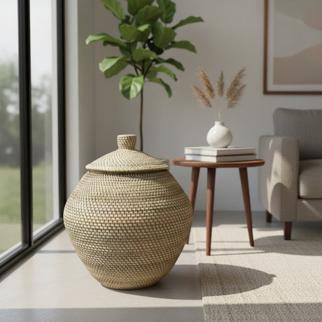 Handwoven natural fibre storage basket featuring a rounded silhouette, fitted lid with a woven knob handle, and a textured neutral finish. A stylish decorative storage solution that adds warmth, texture, and artisan craftsmanship to living rooms, bedrooms, bathrooms, and contemporary interiors.