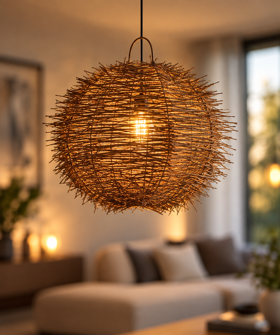 A spherical pendant light made of tightly woven natural branches or wicker, glowing with a warm light bulb inside, hanging in a softly blurred modern living room with a sofa and window in the background.