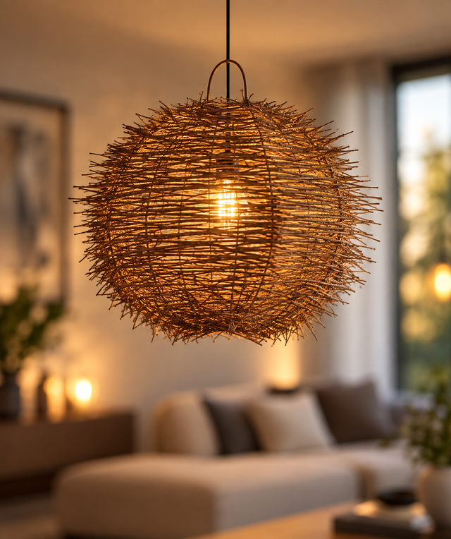 A spherical pendant light made of tightly woven natural branches or wicker, glowing with a warm light bulb inside, hanging in a softly blurred modern living room with a sofa and window in the background.
