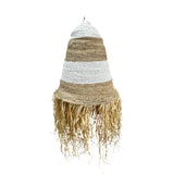 Handwoven pendant light featuring natural and white woven stripes with a tapered silhouette and decorative raffia fringe, bringing warm ambient lighting, organic texture, and relaxed coastal-bohemian style to dining rooms, living spaces, bedrooms, or covered patios.