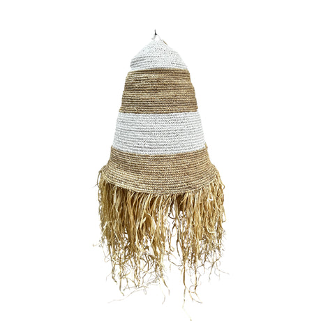 Handwoven pendant light featuring natural and white woven stripes with a tapered silhouette and decorative raffia fringe, bringing warm ambient lighting, organic texture, and relaxed coastal-bohemian style to dining rooms, living spaces, bedrooms, or covered patios.