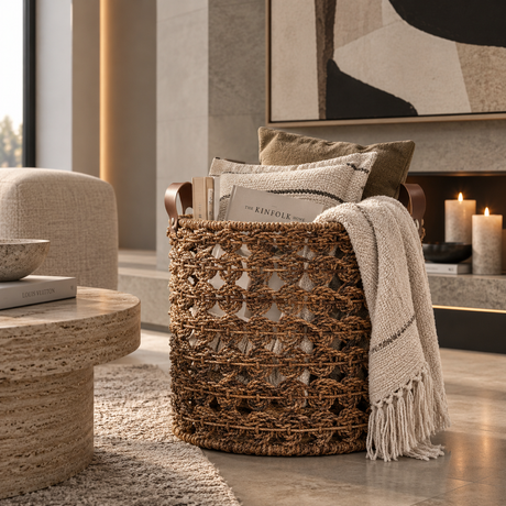 A woven natural-fiber storage basket with brown leather handles, styled in a modern living room with a cream throw blanket, pillows, and books.