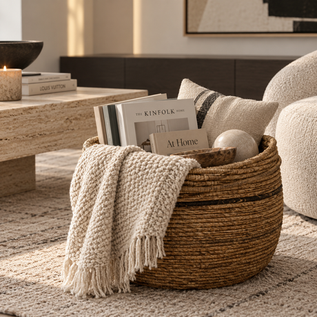 A round woven natural-fiber storage basket in a styled living room setting, filled with books, a knit throw blanket, and decorative items.