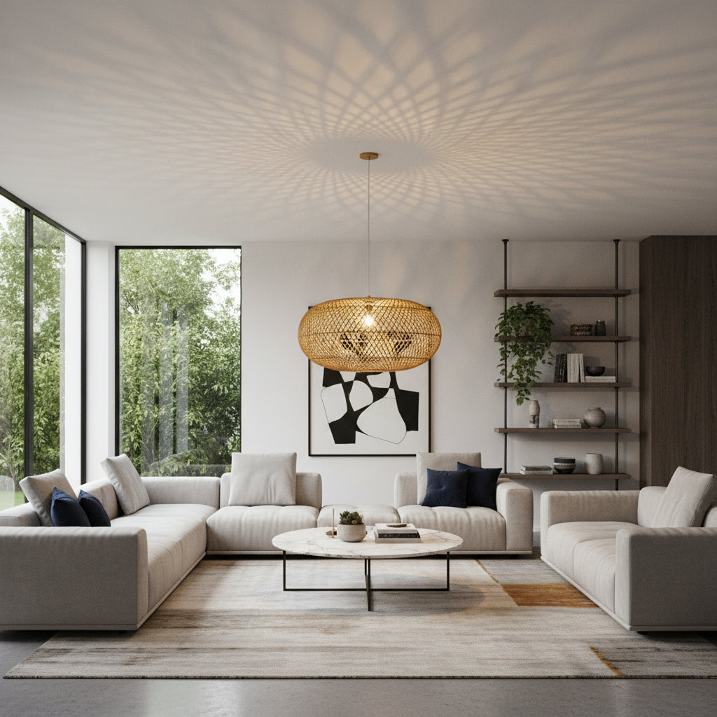 Contemporary handwoven oval rattan pendant light featuring a natural woven finish and an open-weave design that casts beautiful decorative light patterns across the ceiling. A striking statement ceiling light ideal for dining rooms, living spaces, boutique hotels, restaurants, and modern interiors.