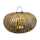 Handwoven oval rattan pendant light featuring an open slatted design with a natural wood finish and suspended metal handle, creating a warm, airy statement for dining rooms, living spaces, bedrooms, or covered patios.