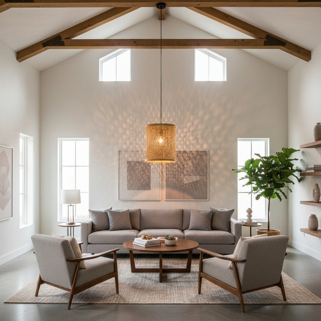 Handwoven natural rattan drum pendant light with an open woven design, casting beautiful patterned shadows in a contemporary living room with exposed timber beams and neutral décor.