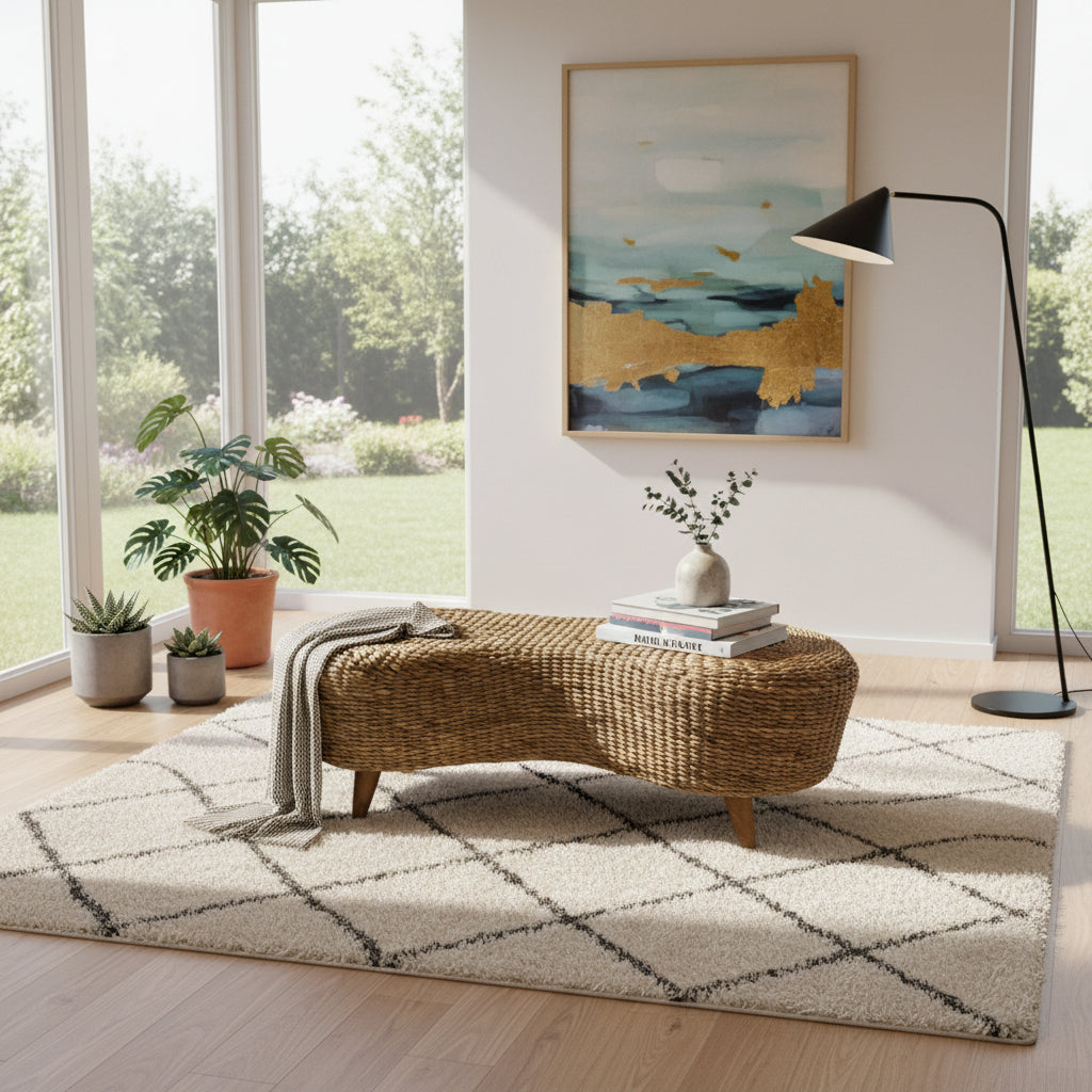 Handwoven natural rattan ottoman coffee table with a sculptural organic silhouette and wooden legs, styled with books and décor in a bright contemporary living room, adding warmth, texture, and relaxed modern elegance.