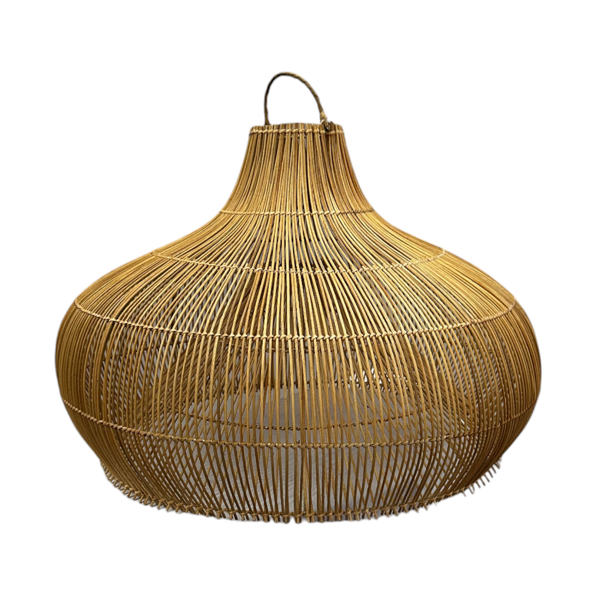 Handwoven rattan pendant light shade featuring a sculptural wide-bell silhouette in a natural finish with an open-weave design. Perfect for creating warm ambient lighting in dining rooms, kitchens, living spaces, boutique hotels, cafés, and contemporary interiors.
