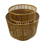 Set of handcrafted round storage baskets woven from natural rattan, featuring an open-weave design with a nested stackable style. Ideal for storing blankets, cushions, toys, magazines, or laundry while adding a warm, organic touch to living rooms, bedrooms, bathrooms, or contemporary interiors.