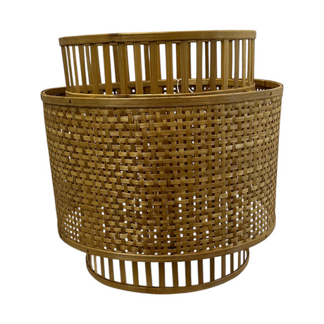 Set of handcrafted round storage baskets woven from natural rattan, featuring an open-weave design with a nested stackable style. Ideal for storing blankets, cushions, toys, magazines, or laundry while adding a warm, organic touch to living rooms, bedrooms, bathrooms, or contemporary interiors.