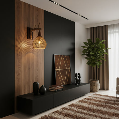 Handwoven rattan wall sconce with a natural woven shade and warm ambient glow, mounted on a wooden wall panel in a contemporary living space. A stylish lighting feature that adds texture, warmth, and organic character to modern interiors.
