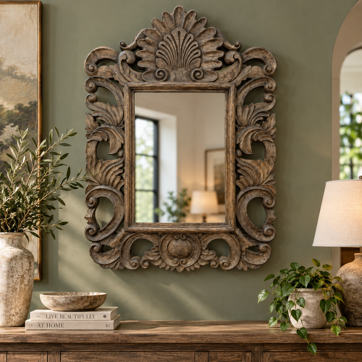 An ornate rectangular wall mirror with a carved distressed wood frame, mounted on a sage green wall above a wooden console table decorated with books, a bowl, a vase with branches, and a lamp.