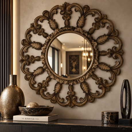 An ornate round wall mirror with a highly detailed, carved sunburst frame in a distressed bronze finish, styled on a dark console table with decorative vases and books against a beige wall.