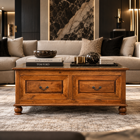 A rustic brown wooden coffee table with two drawers and dark metal handles, styled in a modern living room setting with a gray sofa and marble accents in the background.
