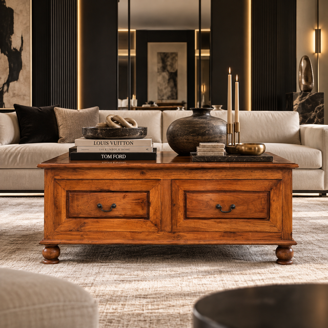 A rustic two-drawer wooden coffee table with a warm medium-brown finish and dark metal drawer pulls, styled in a modern living room setting with books, a vase, and candles.