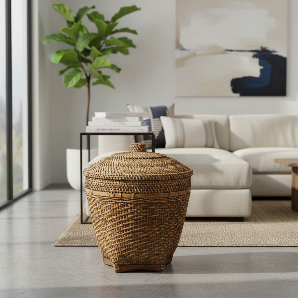 Handwoven natural fibre storage basket featuring a warm brown finish, decorative woven band, and a fitted lid with a woven knob handle. A stylish storage solution that adds texture, warmth, and artisan craftsmanship to living rooms, bedrooms, bathrooms, and contemporary interiors.