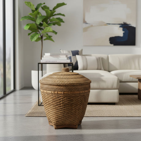 Handwoven natural fibre storage basket featuring a warm brown finish, decorative woven band, and a fitted lid with a woven knob handle. A stylish storage solution that adds texture, warmth, and artisan craftsmanship to living rooms, bedrooms, bathrooms, and contemporary interiors.