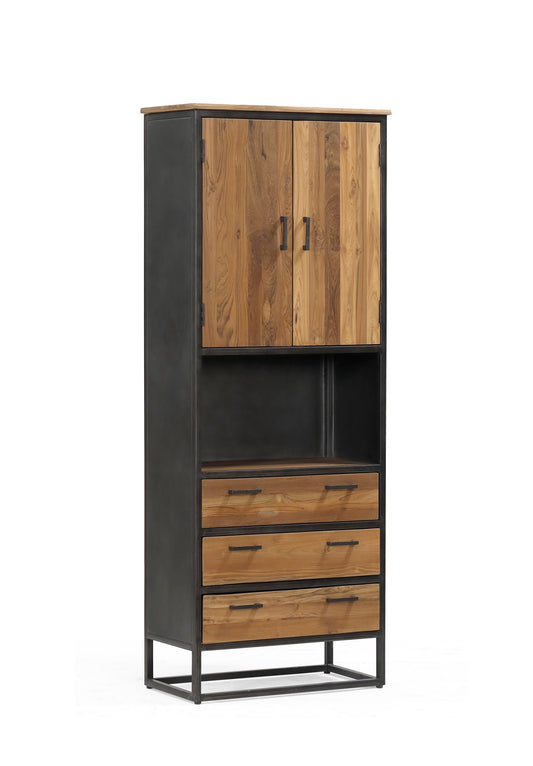 Iron & Wood 2 Door, 3 Drawer Cabinet | Brushed Teak Wood
