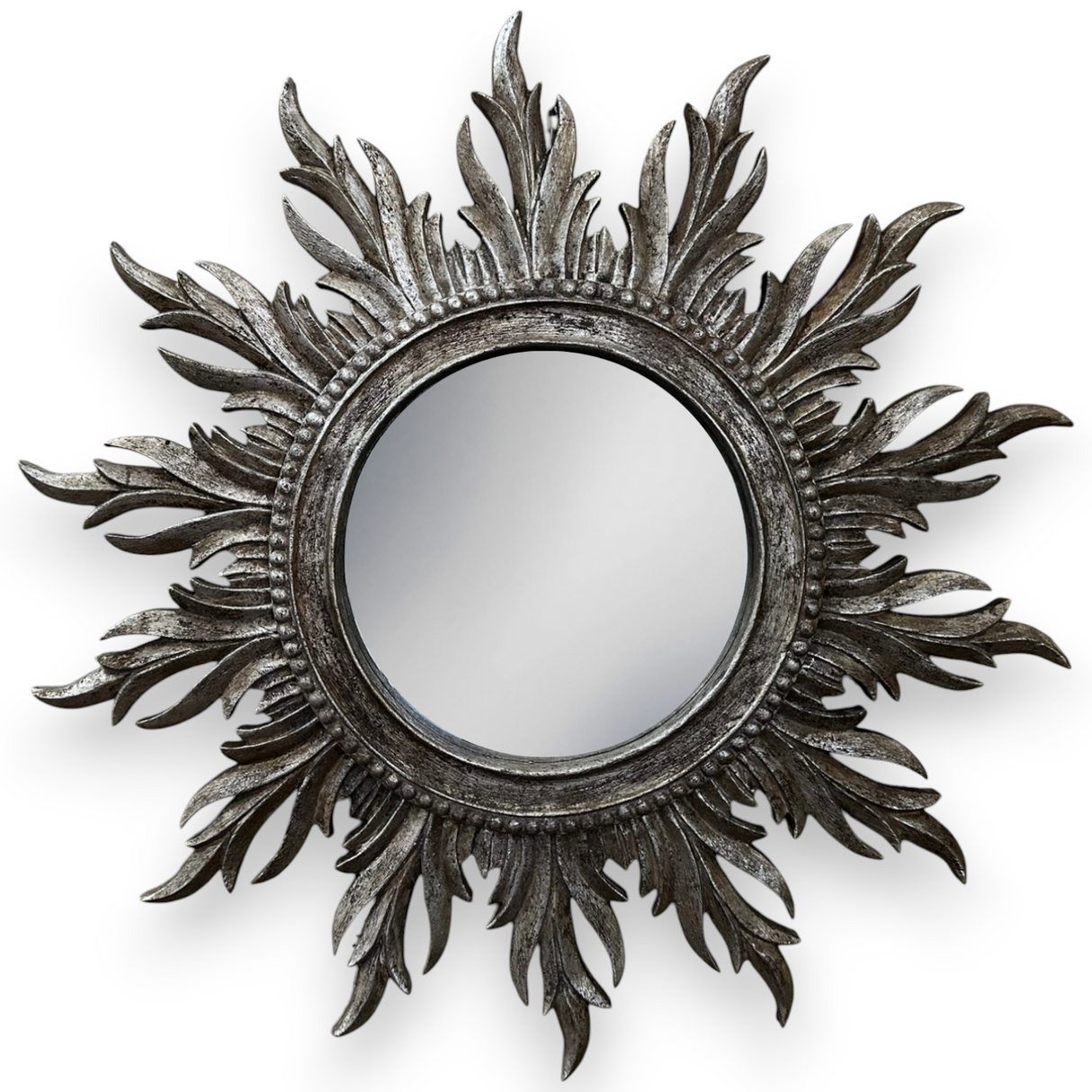 Wooden Sun Frame Mirror | Silver Washed